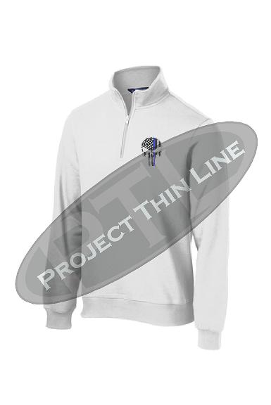 White 1/4 Zip Fleece Sweatshirt Embroidered Thin Blue Line Punisher Skull inlayed with American Flag