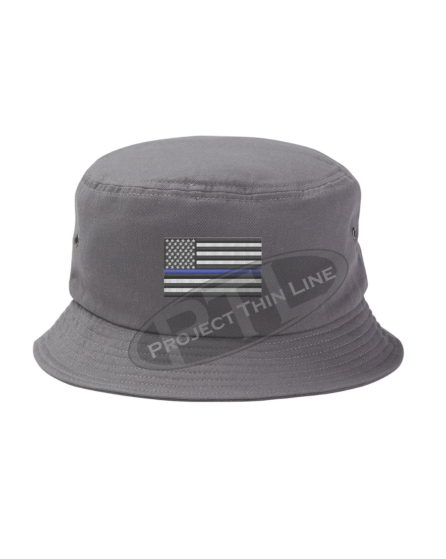 BLACK - Embroidered Thin BLUE Line American Flag Bucket - Fisherman Hat