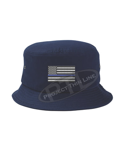 NAVY - Embroidered Thin BLUE Line American Flag Bucket - Fisherman Hat