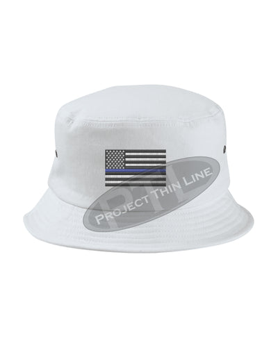 WHITE Embroidered Thin BLUE Line American Flag Bucket - Fisherman Hat