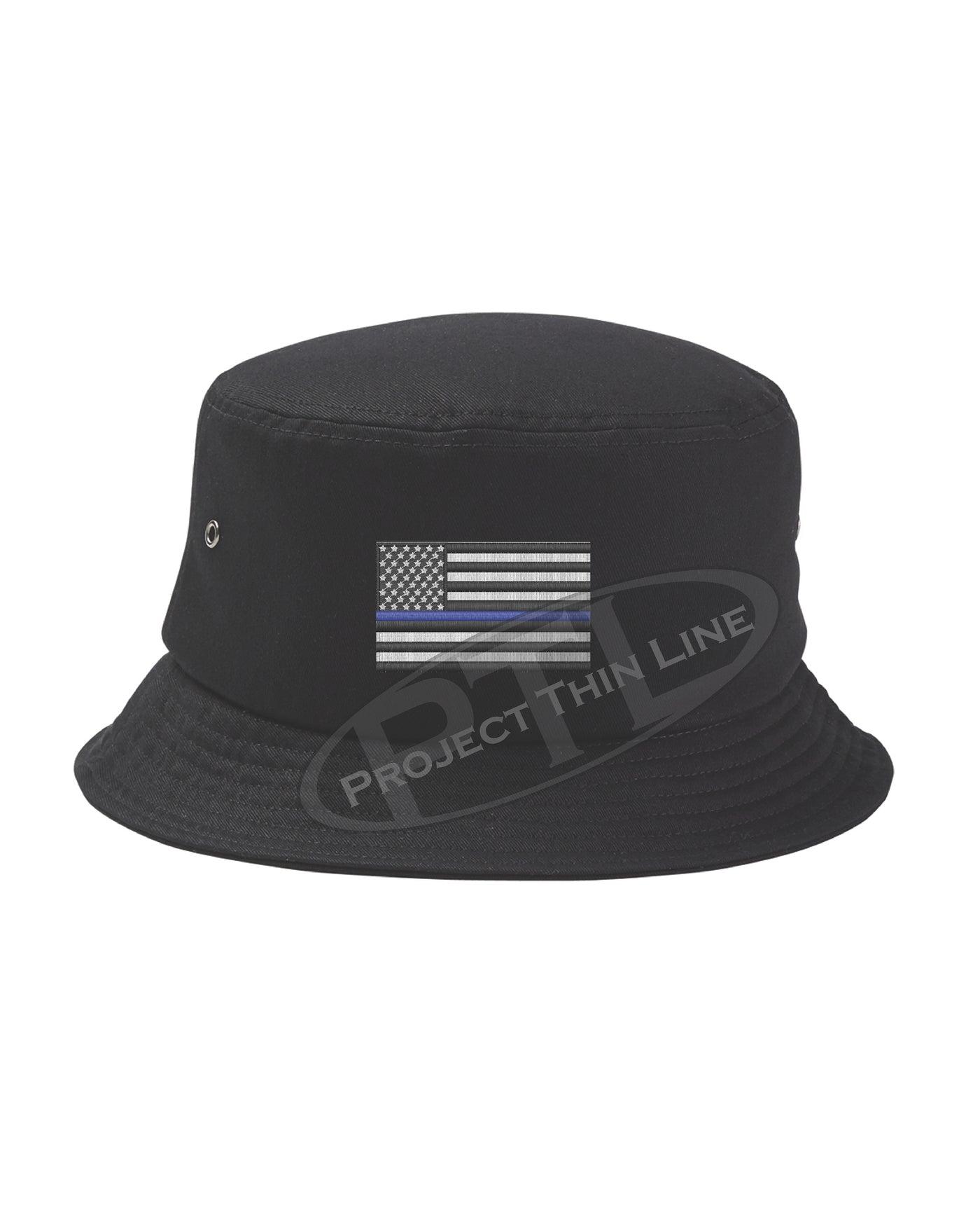 Embroidered Thin BLUE Line American Flag Bucket - Fisherman Hat