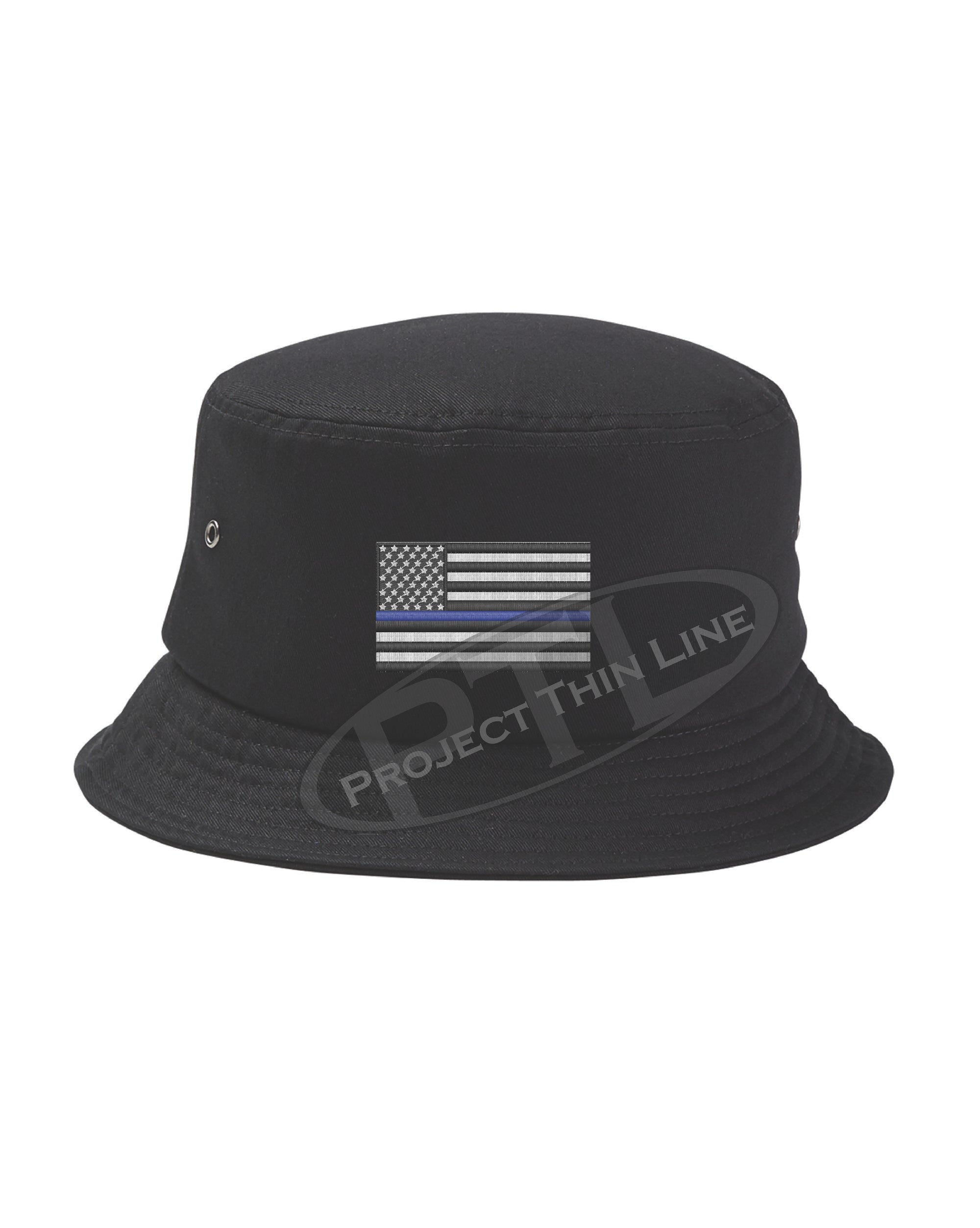 BLACK - Embroidered Thin BLUE Line American Flag Bucket - Fisherman Hat