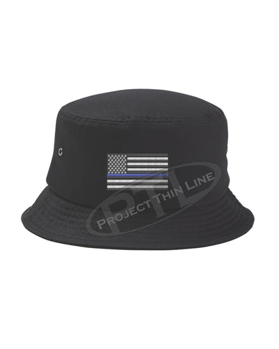 BLACK - Embroidered Thin BLUE Line American Flag Bucket - Fisherman Hat