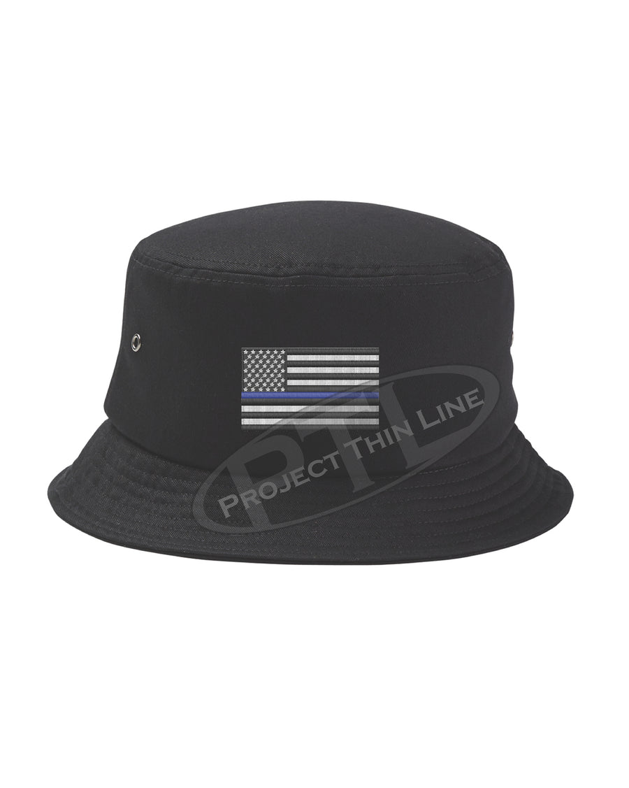 BLACK - Embroidered Thin BLUE Line American Flag Bucket - Fisherman Hat