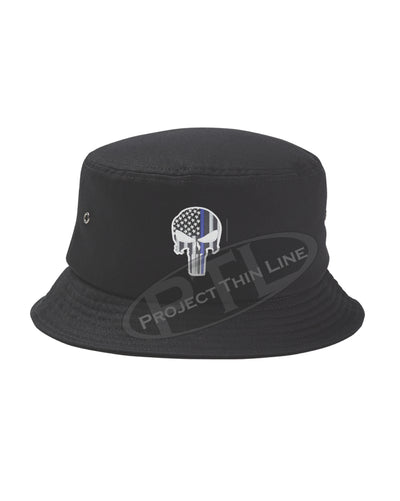 BLACK - Embroidered Thin BLUE Line Skull inlayed with American Flag Bucket - Fisherman Hat