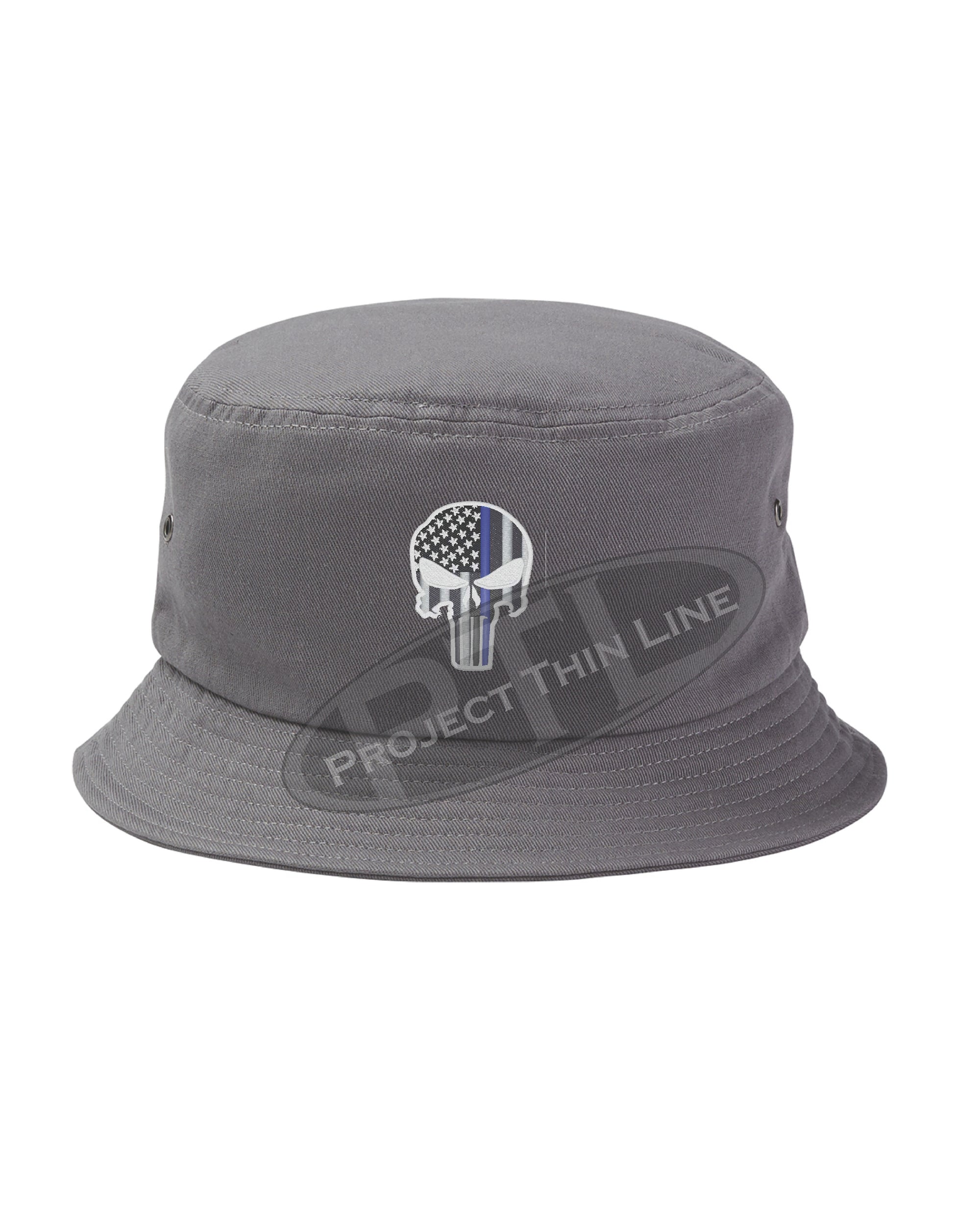CHARCOAL - Embroidered Thin BLUE Line Skull inlayed with American Flag Bucket - Fisherman Hat