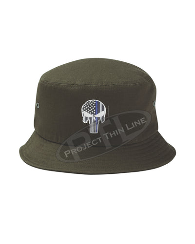 OD GREEN - Embroidered Thin BLUE Line Skull inlayed with American Flag Bucket - Fisherman Hat