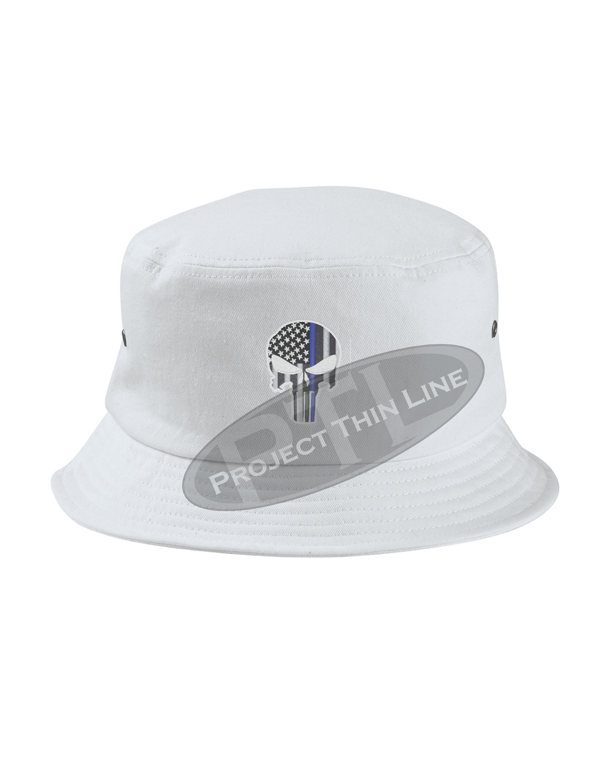 WHITE - Embroidered Thin BLUE Line Skull inlayed with American Flag Bucket - Fisherman Hat