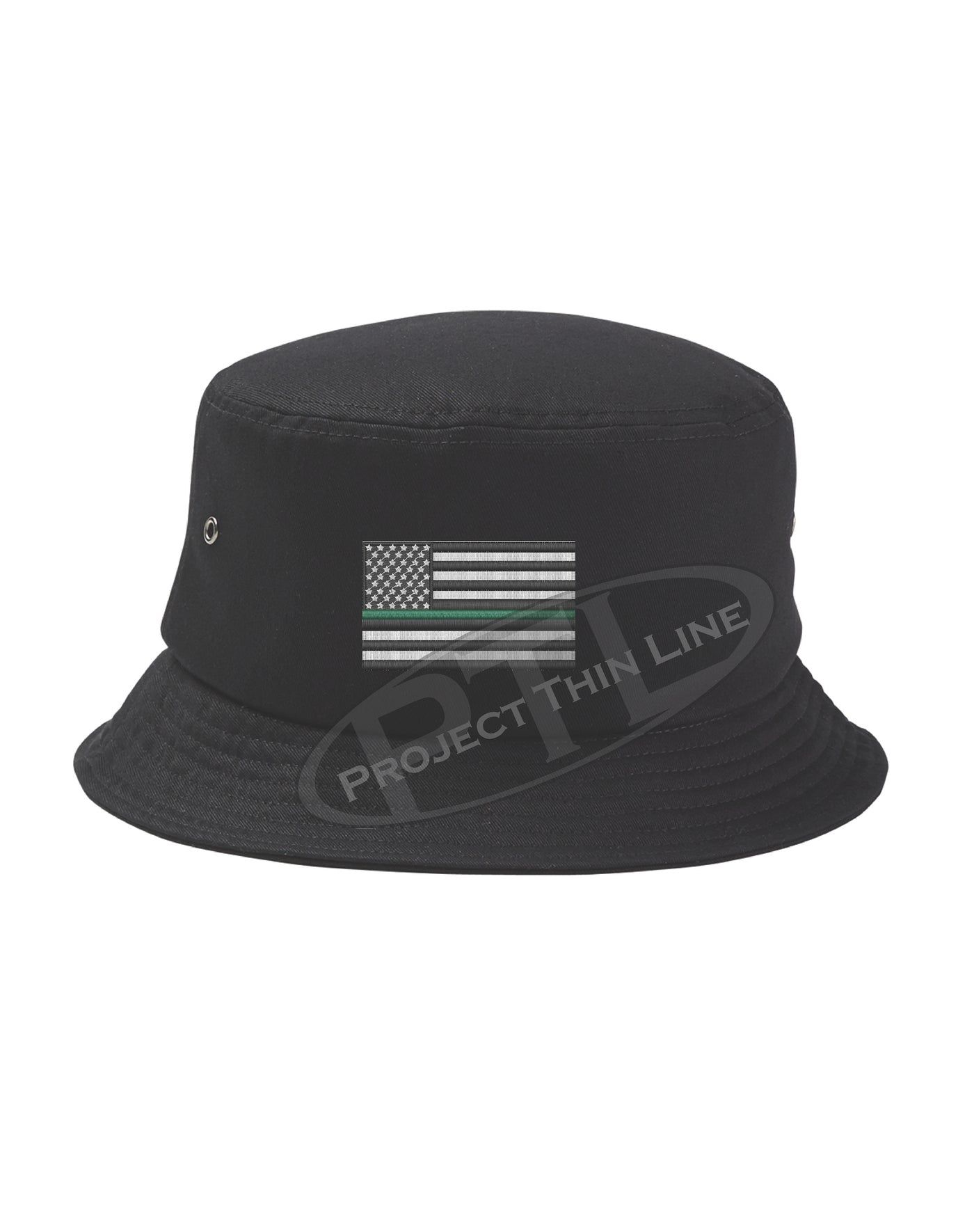 Embroidered Thin GREEN Line American Flag Bucket - Fisherman Hat