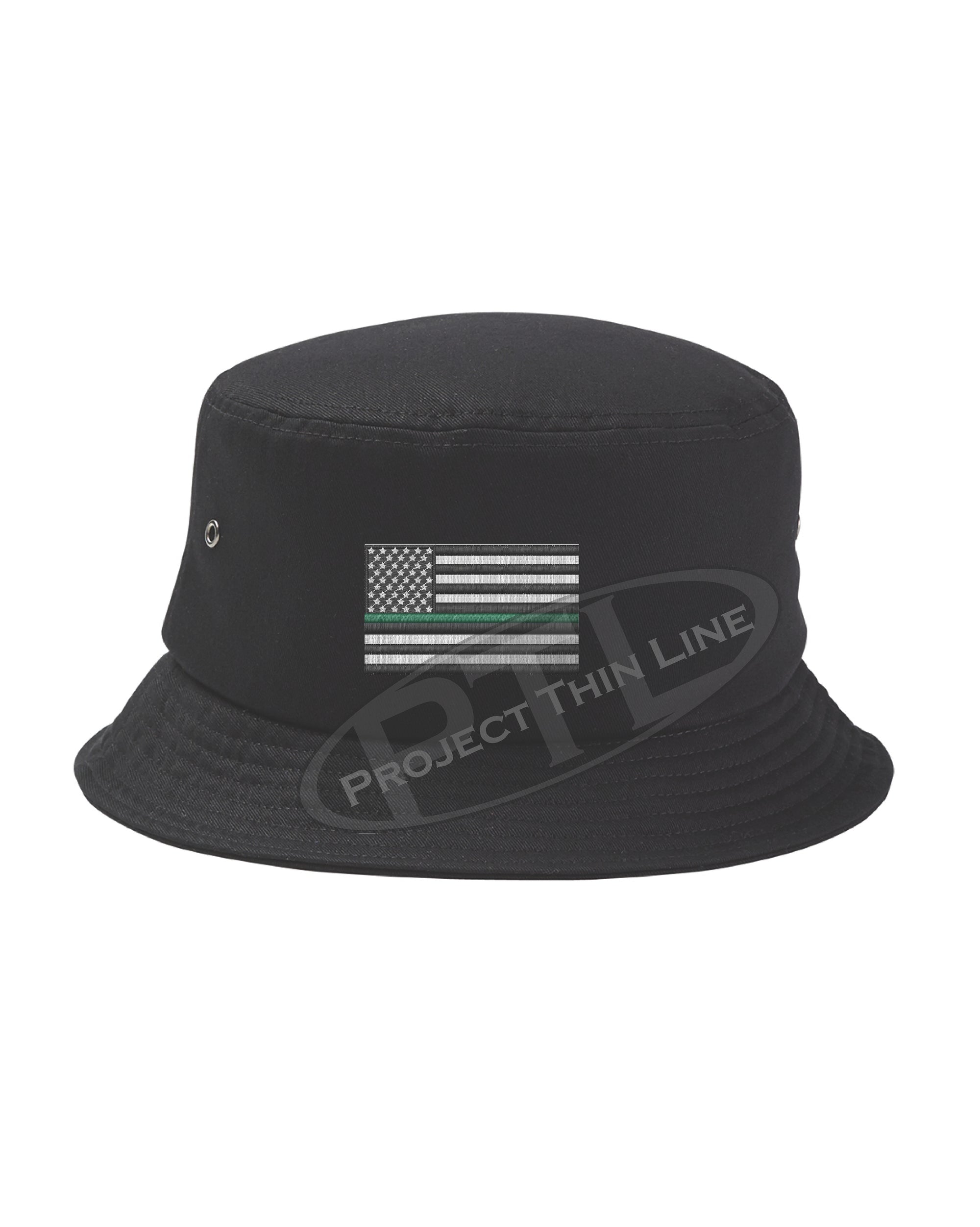 BLACK Embroidered Thin GREEN Line American Flag Bucket - Fisherman Hat