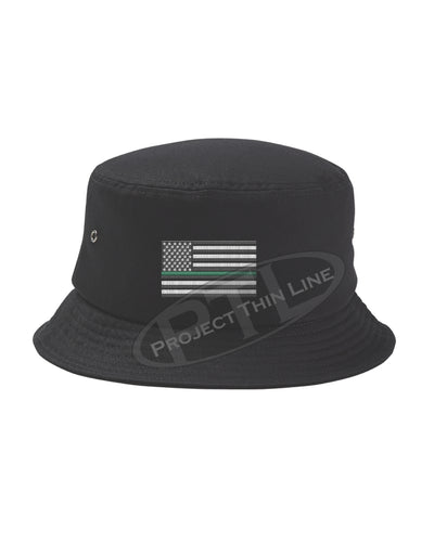 BLACK Embroidered Thin GREEN Line American Flag Bucket - Fisherman Hat