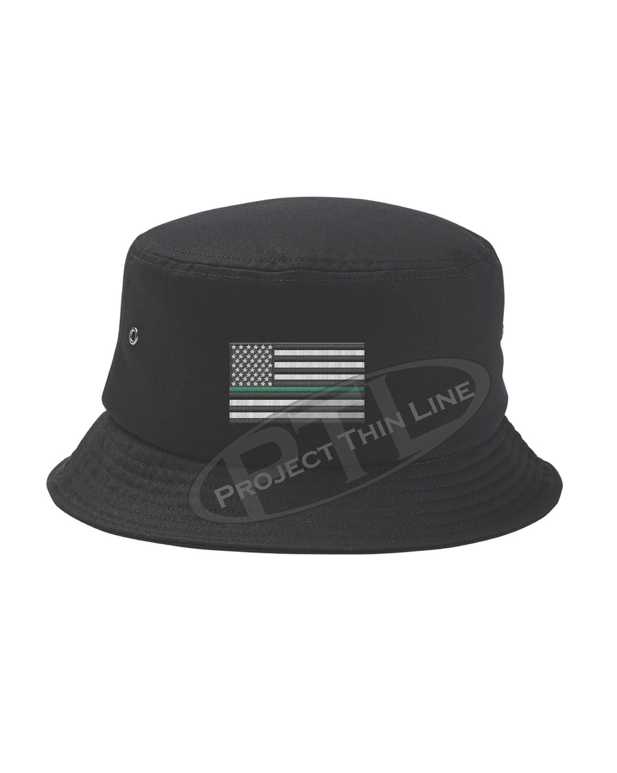 BLACK Embroidered Thin GREEN Line American Flag Bucket - Fisherman Hat 