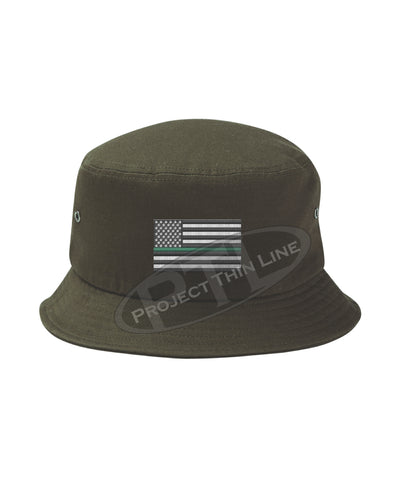 OD GREEN - Embroidered Thin GREEN Line American Flag Bucket - Fisherman Hat