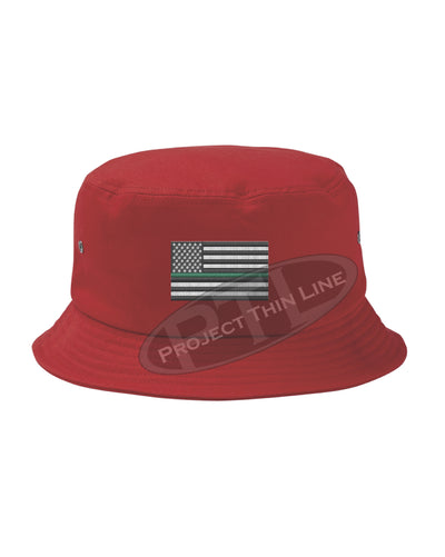 RED Embroidered Thin GREEN Line American Flag Bucket - Fisherman Hat