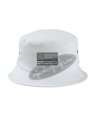 WHITE Embroidered Thin GREEN Line American Flag Bucket - Fisherman Hat