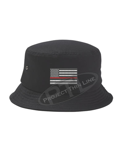 Black - Embroidered Thin RED Line American Flag Bucket - Fisherman Hat