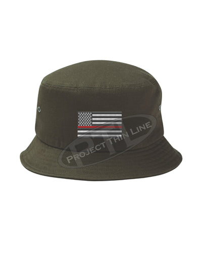 OD GREEN - Embroidered Thin RED Line American Flag Bucket - Fisherman Hat