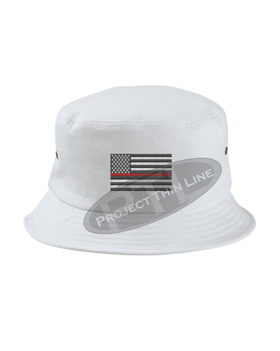 Black - Embroidered Thin RED Line American Flag Bucket - Fisherman Hat