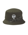 OD GREEN Embroidered Thin SILVER Line Skull inlayed with American Flag Bucket - Fisherman Hat