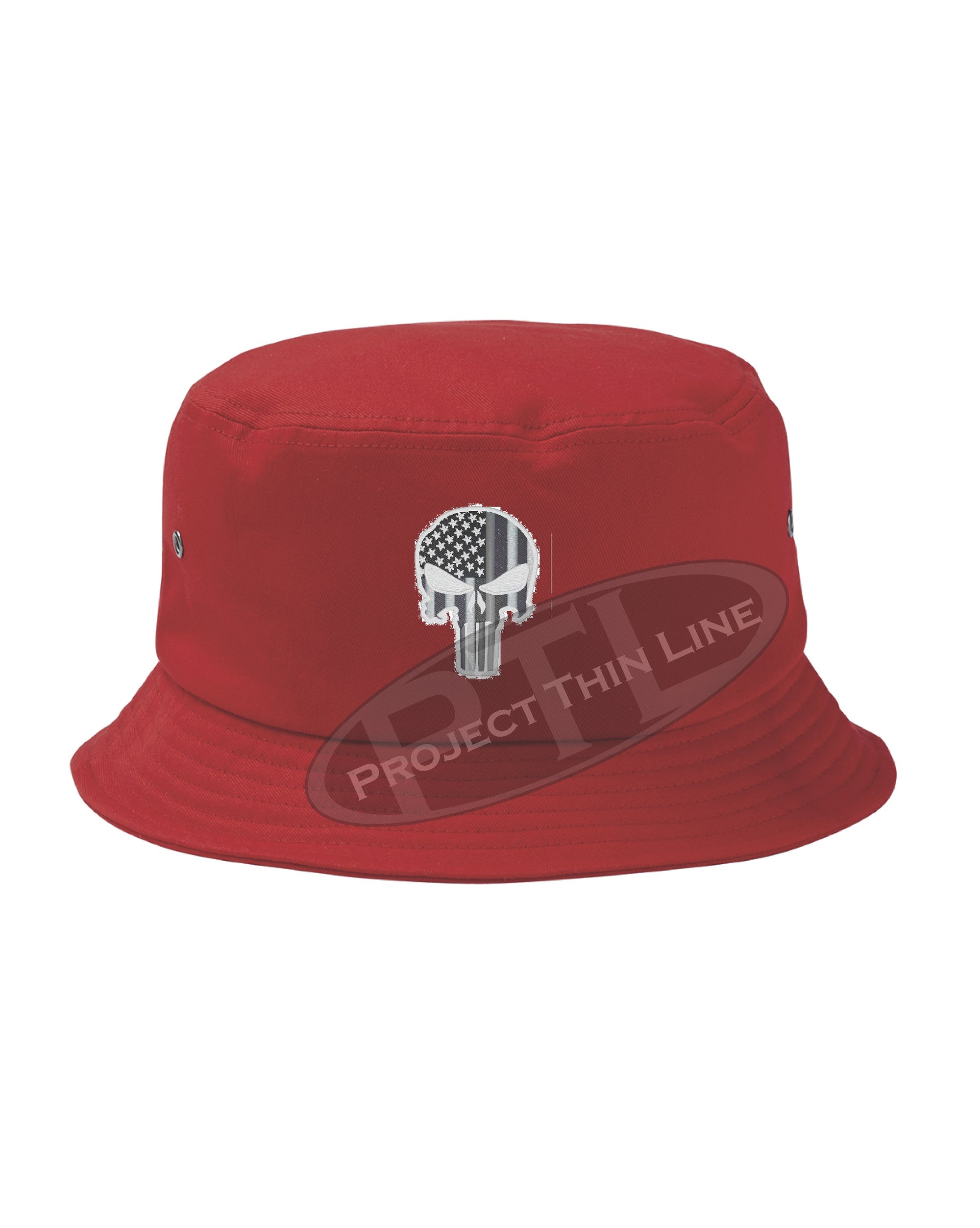 RED - Embroidered Thin SILVER Line Skull inlayed with American Flag Bucket - Fisherman Hat