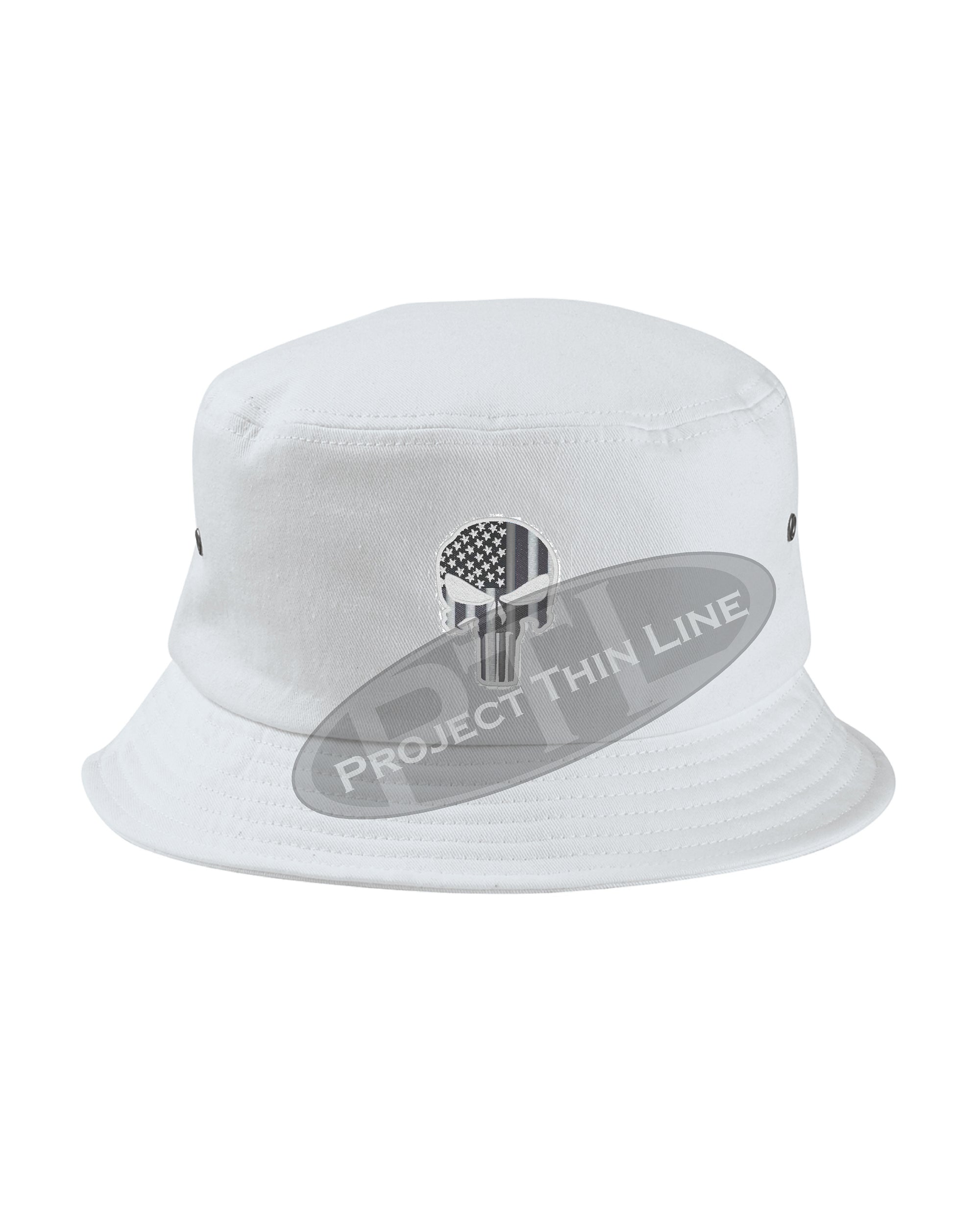 WHITE - Embroidered Thin SILVER Line Skull inlayed with American Flag Bucket - Fisherman HatEmbroidered TACTICAL Skull inlayed with American Flag Bucket - Fisherman Hat