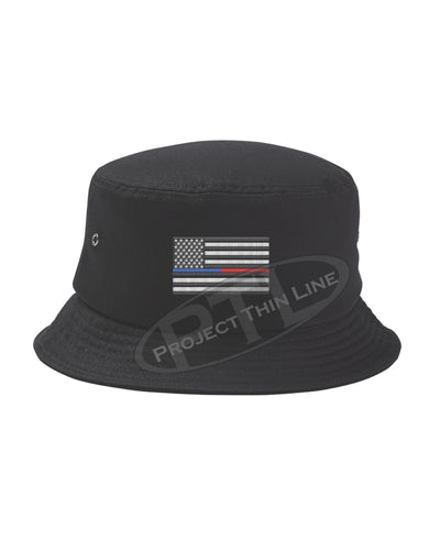 BLACK - Embroidered Thin Blue / Red Line American Flag Bucket - Fisherman Hat