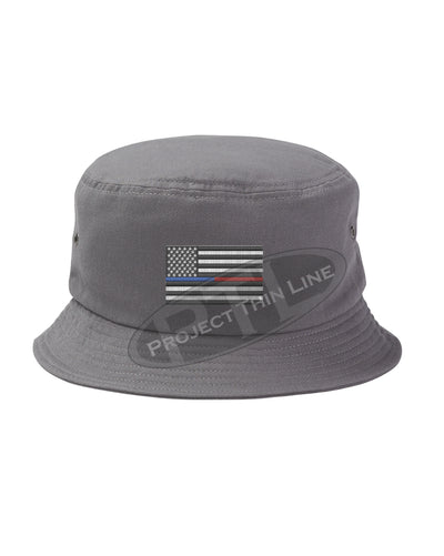 CHARCOAL - Embroidered Thin Blue / Red Line American Flag Bucket - Fisherman Hat