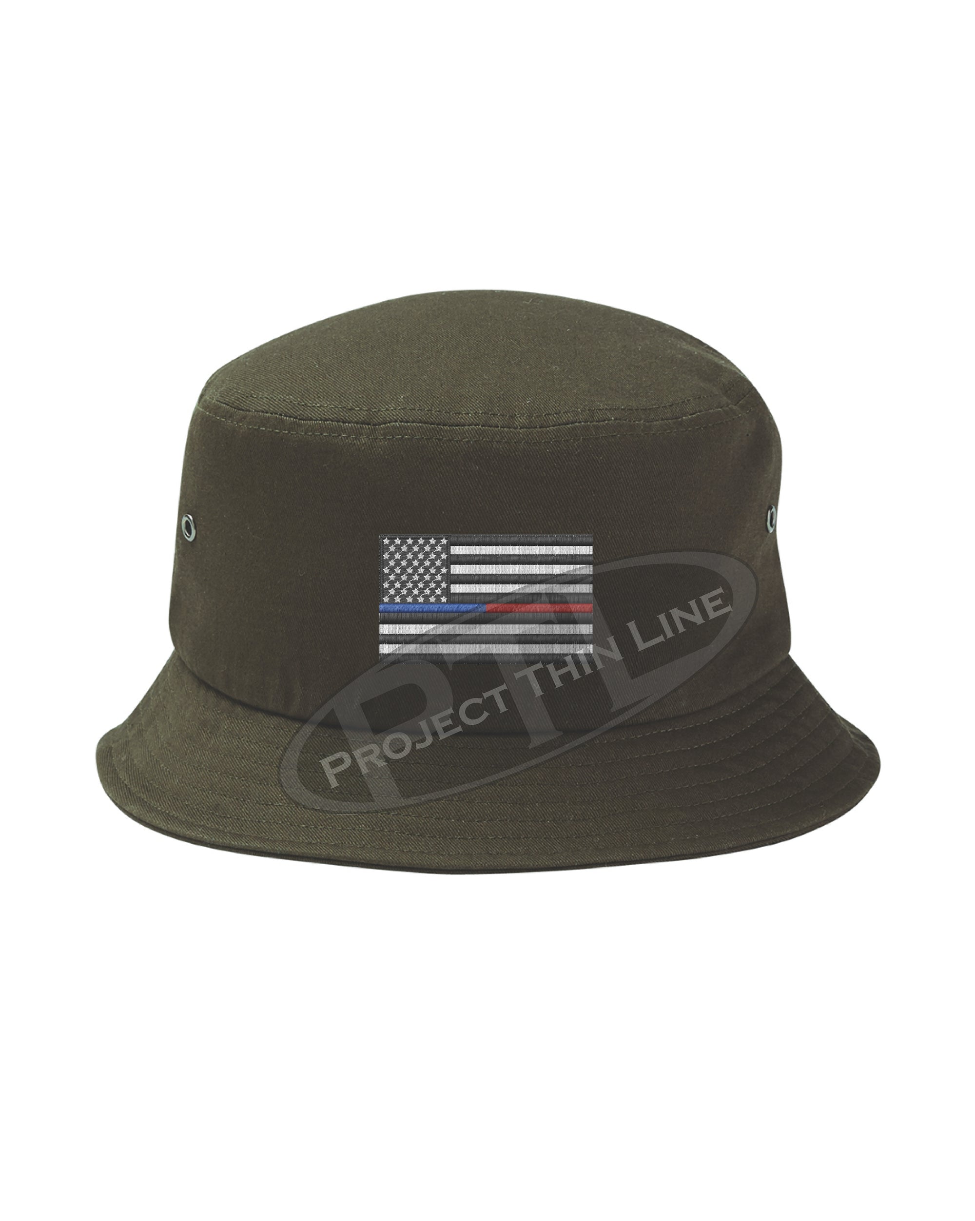 OD GREEN - Embroidered Thin Blue / Red Line American Flag Bucket - Fisherman Hat
