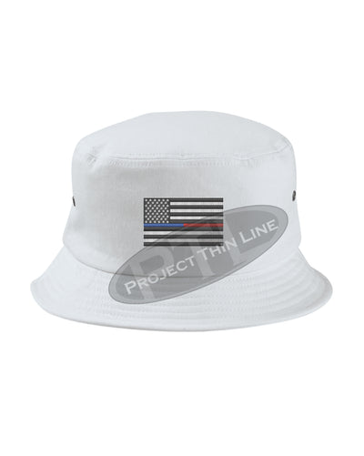 WHITE - Embroidered Thin Blue / Red Line American Flag Bucket - Fisherman Hat