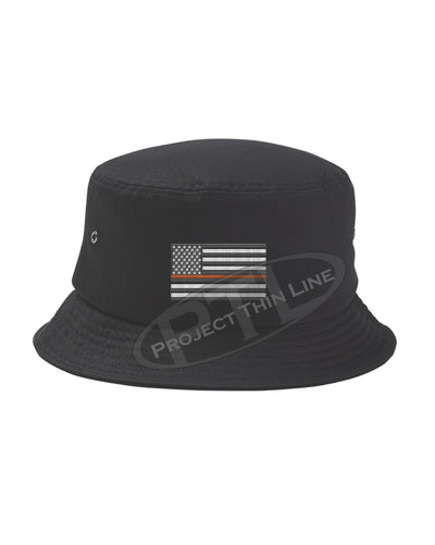Black Embroidered Thin ORANGE Line American Flag Bucket - Fisherman Hat