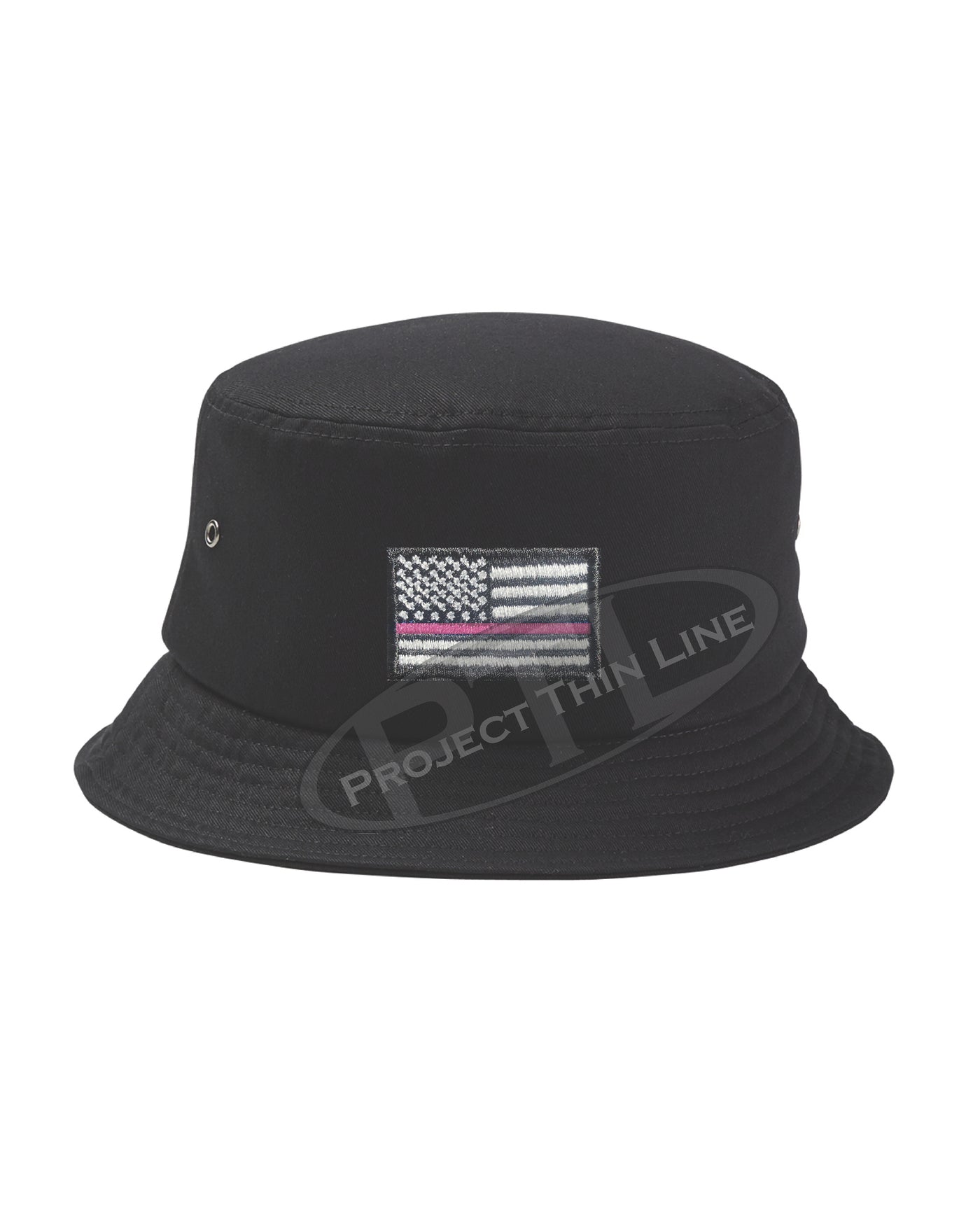 Embroidered Thin PINK Line American Flag Bucket - Fisherman Hat