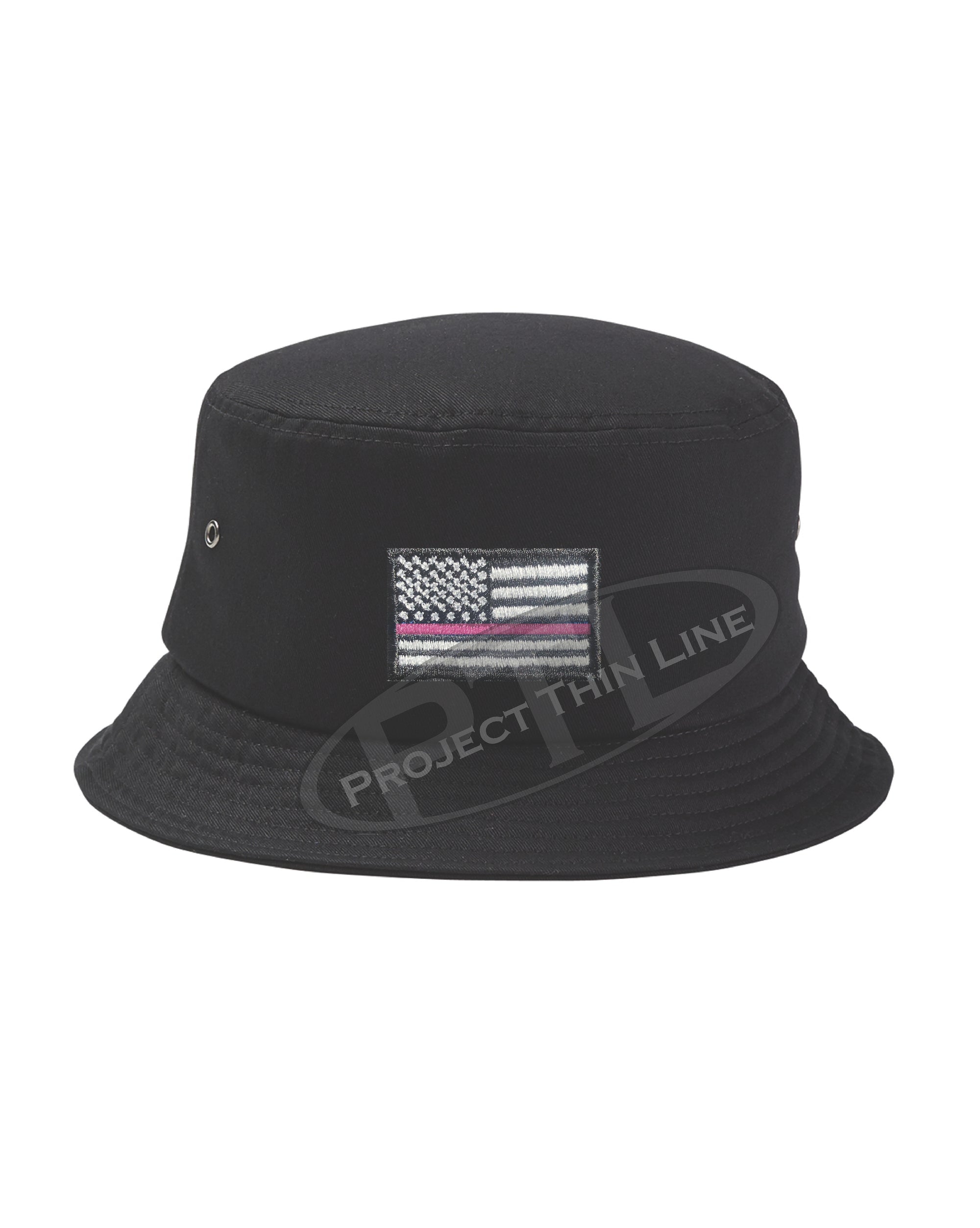 BLACK - Embroidered Thin PINK Line American Flag Bucket - Fisherman Hat