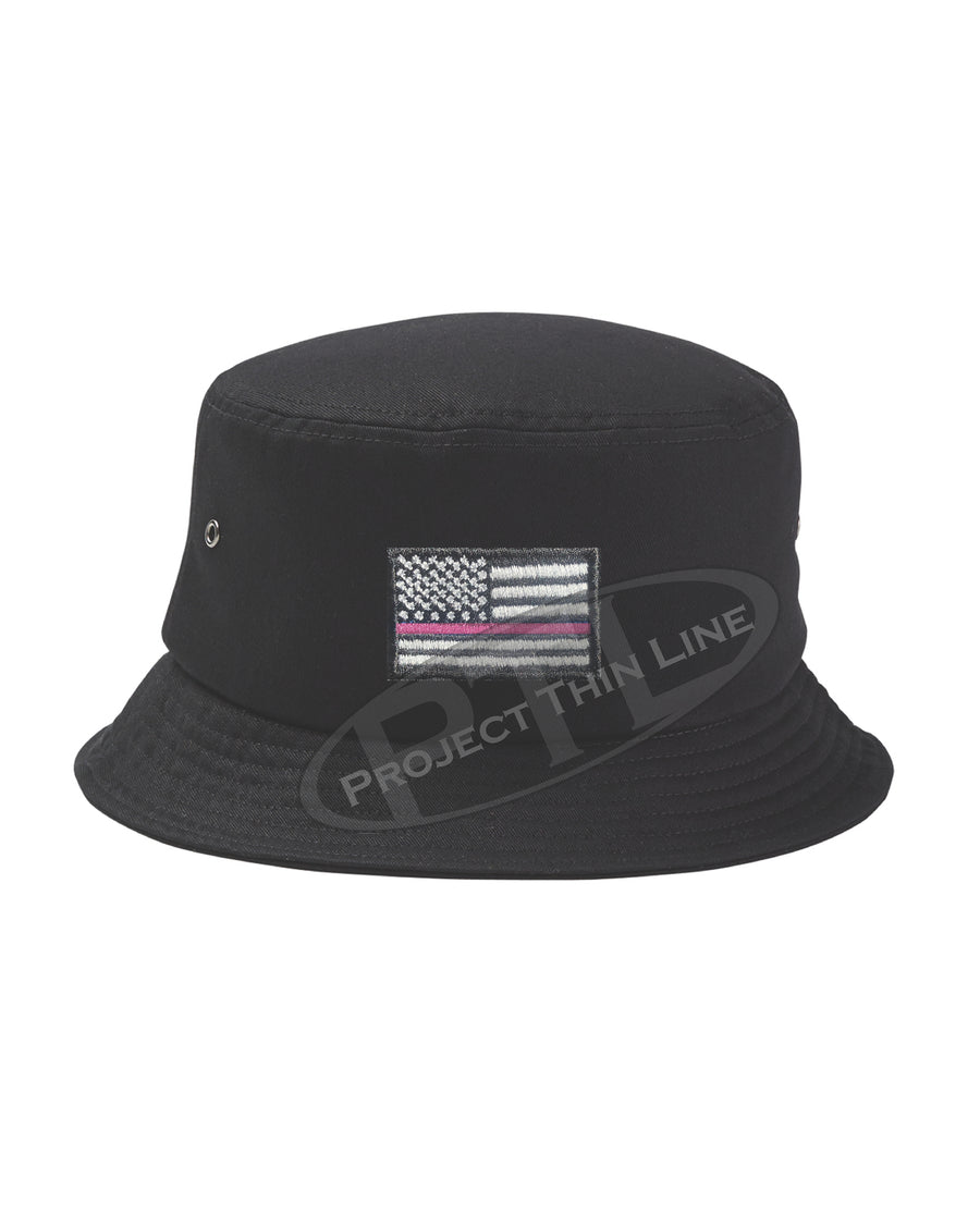 BLACK - Embroidered Thin PINK Line American Flag Bucket - Fisherman Hat