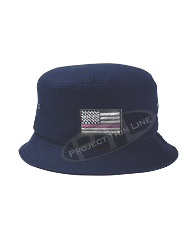 NAVY - Embroidered Thin PINK Line American Flag Bucket - Fisherman Hat
