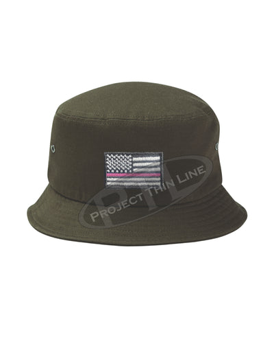 OD GREEN Embroidered Thin PINK Line American Flag Bucket - Fisherman Hat