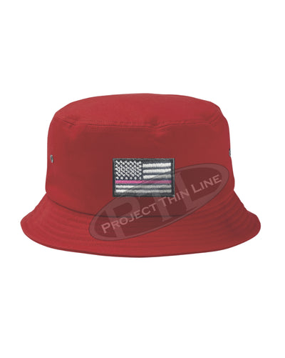 RED - Embroidered Thin PINK Line American Flag Bucket - Fisherman Hat