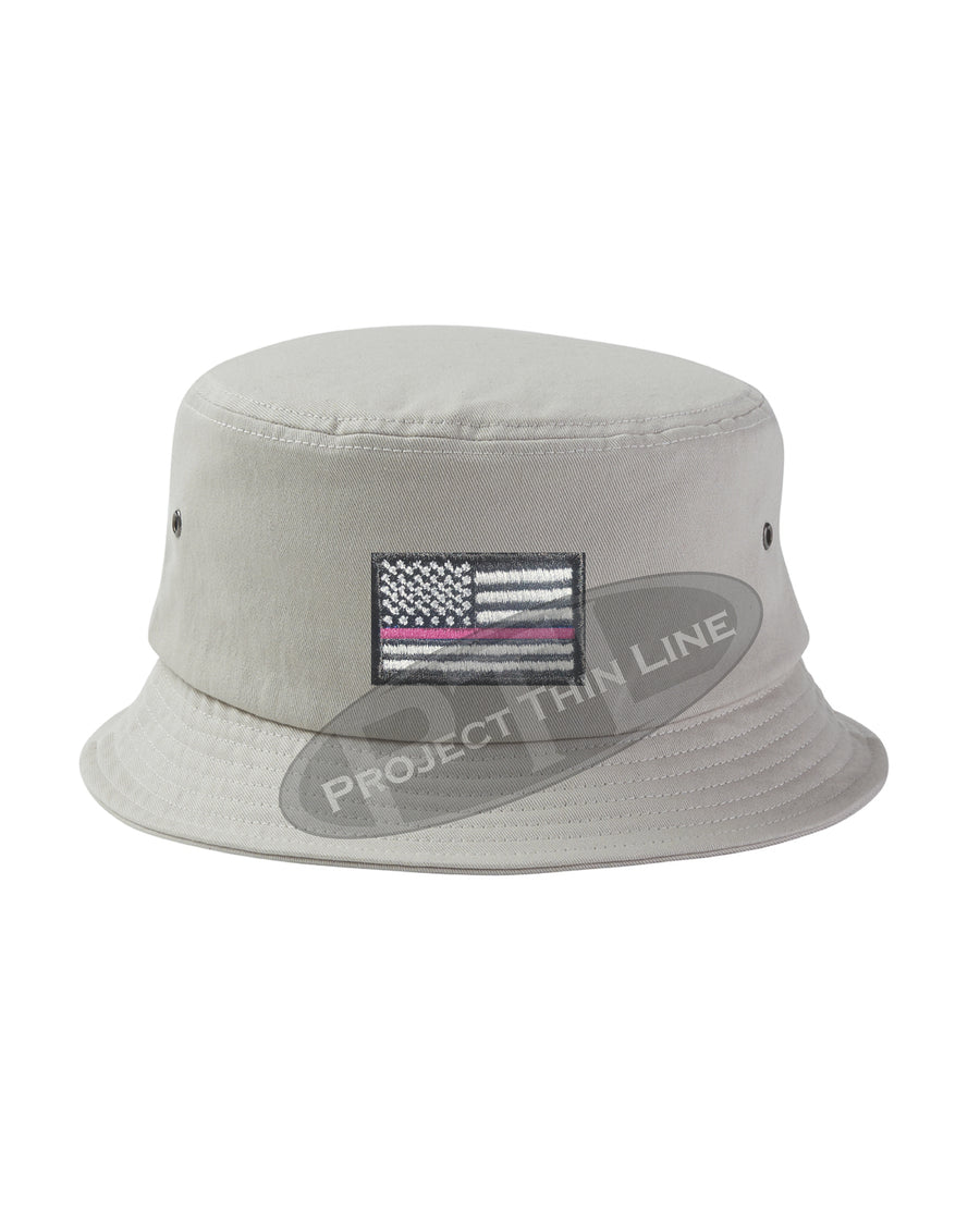 BLACK - Embroidered Thin PINK Line American Flag Bucket - Fisherman Hat