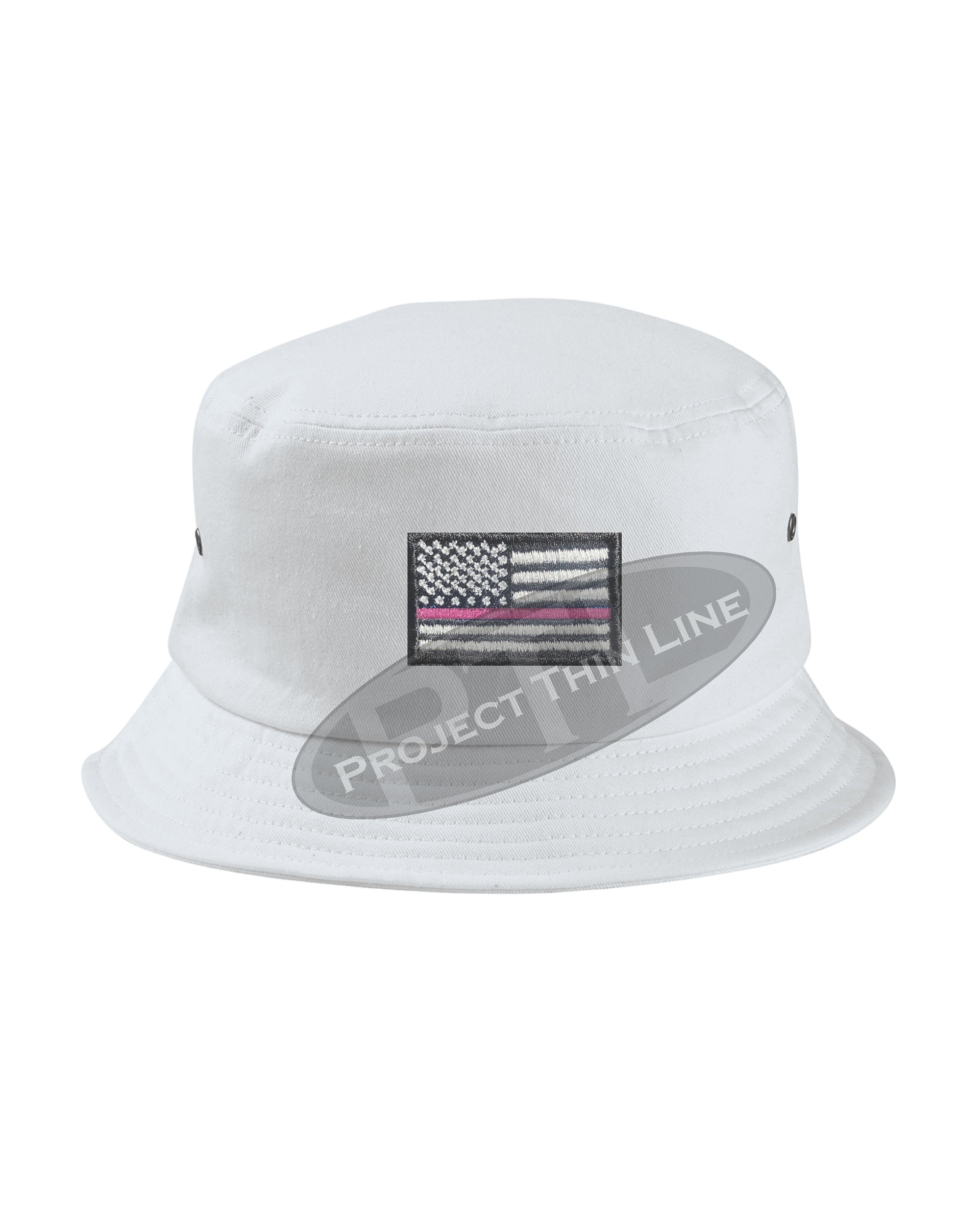 WHITE - Embroidered Thin PINK Line American Flag Bucket - Fisherman Hat