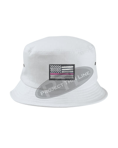 WHITE - Embroidered Thin PINK Line American Flag Bucket - Fisherman Hat