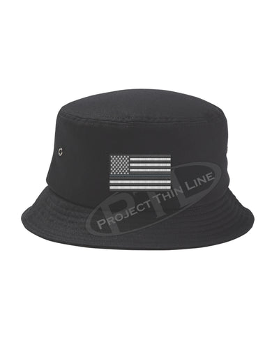 BLACK - Embroidered Thin SILVER Line American Flag Bucket - Fisherman Hat