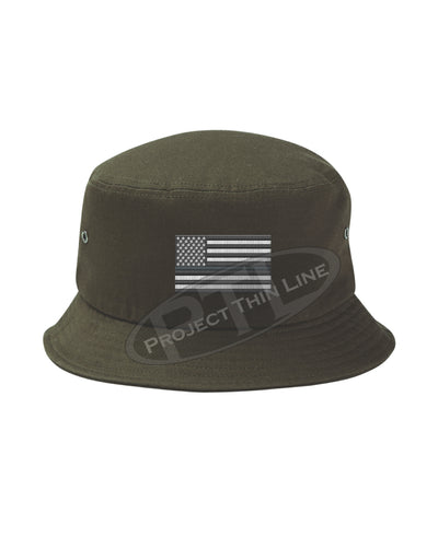 OD GREEN - Embroidered Thin SILVER Line American Flag Bucket - Fisherman Hat