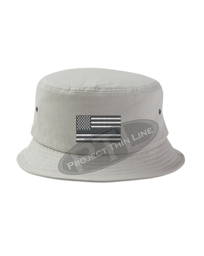 STONE - Embroidered Thin SILVER Line American Flag Bucket - Fisherman Hat