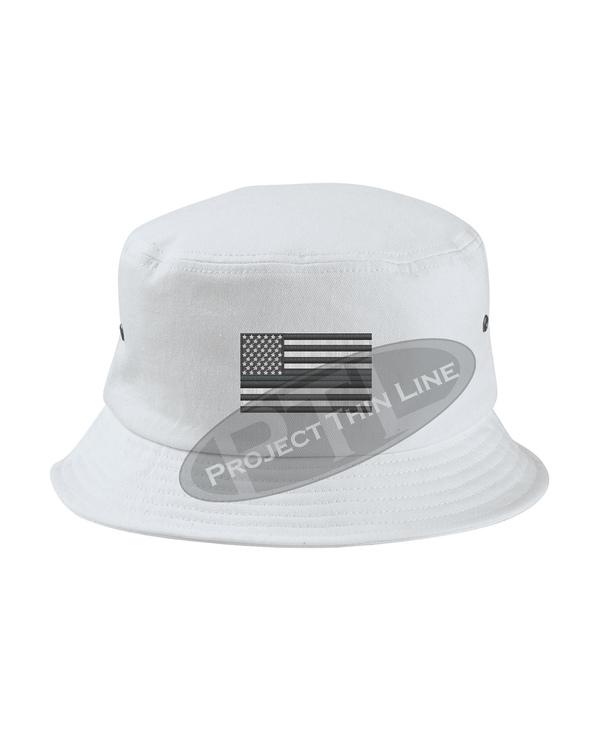 WHITE Embroidered Thin SILVER Line American Flag Bucket - Fisherman Hat