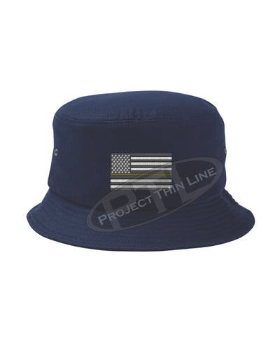 NAVY - Embroidered Thin GOLD Line American Flag Bucket - Fisherman Hat