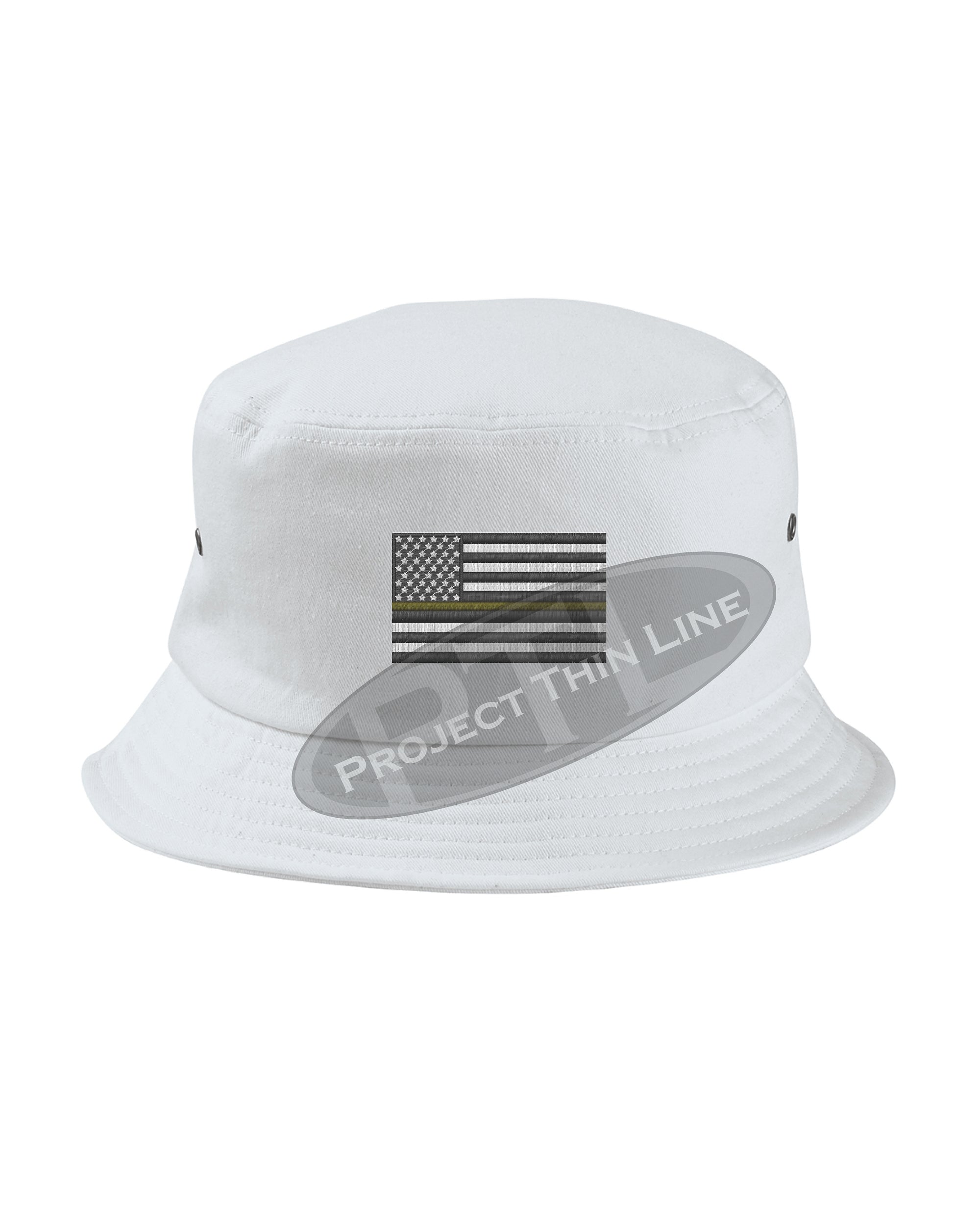 WHITE - Embroidered Thin YELLOW Line American Flag Bucket - Fisherman Hat