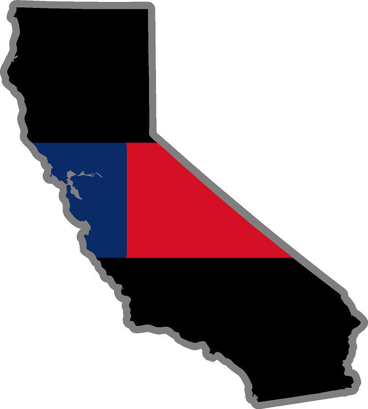5" California CA Thin BLUE / RED Line Black State Shape Sticker