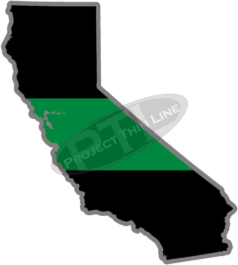 5" California CA Thin Green Line Black State Shape Sticker