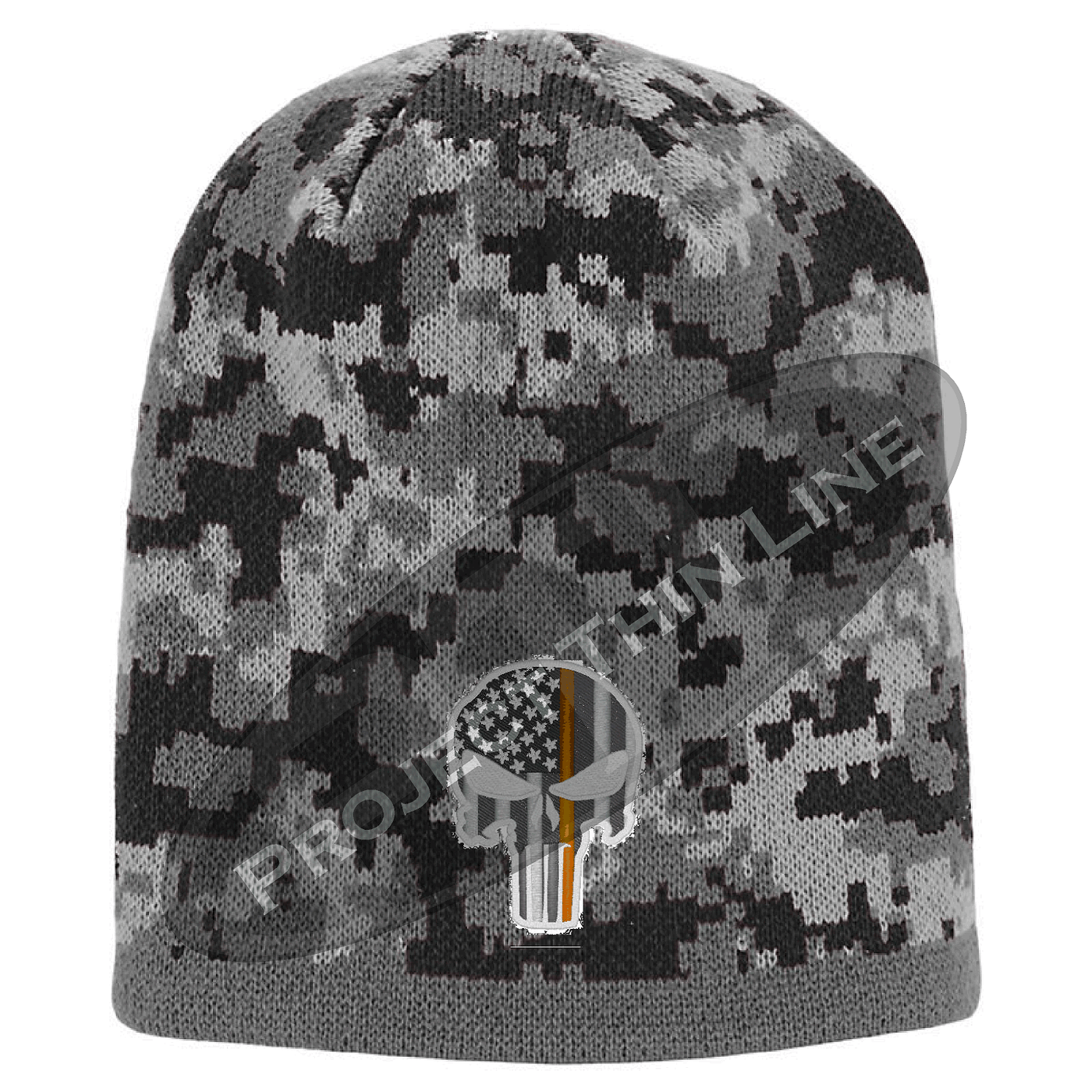 Camoflauge Embroidered Subdued Thin ORANGE Line Punisher Skull Inlayed with American FLAG Skull Cap