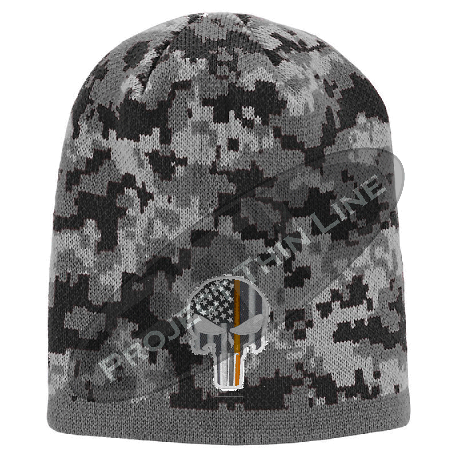 Black Camouflage  Skull Cap with embroidered Subdued Orange Punisher Skull inlayed with American Flag