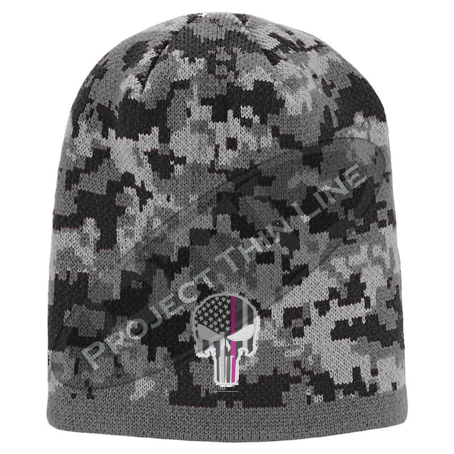 BLACK Camo with Thin Pink Line Punisher Skull inlayed subdued American Flag
